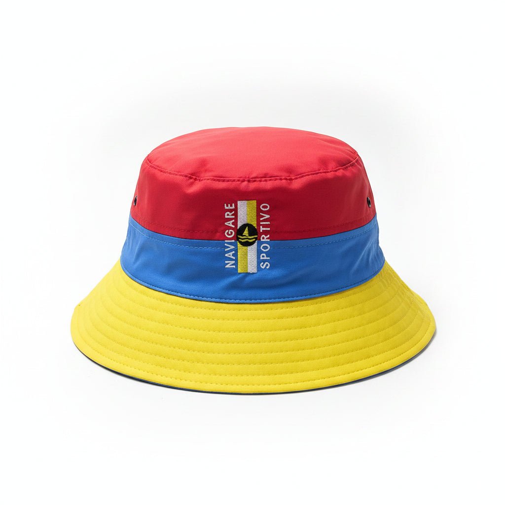 Navigare men's headwear, floppy sporty hat in red, blue, and yellow with multi-spot pattern, casual and stylish accessory.