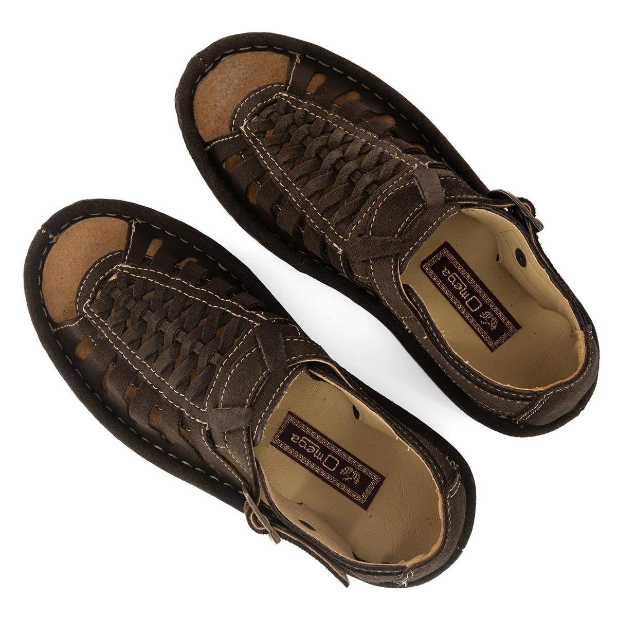 Omega Kgosi men's sandals in chocolate Madrid suede with open toe and adjustable strap, stylish and comfortable footwear.