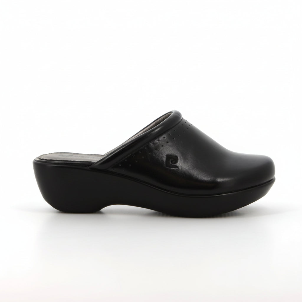 Black Pierre Cardin Bolbel 1 women's clogs with a sleek design and open back, featuring a comfortable slip-on style.