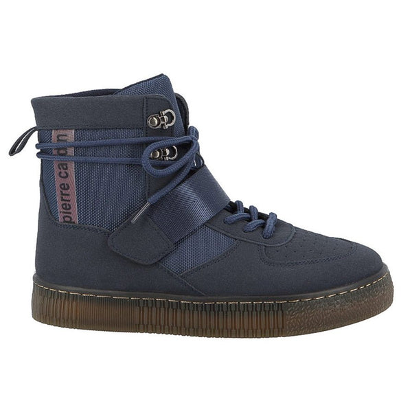 Navy women's boots by Pierre Cardin with sleek design and ankle-high style, featuring smooth leather material.