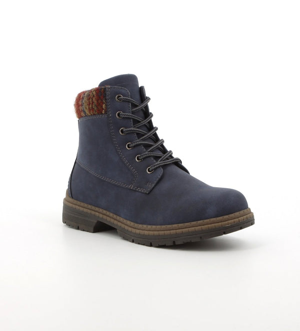 Navy Pierre Cardin women's boots with sleek design and ankle height, featuring smooth material and stylish stitching details.