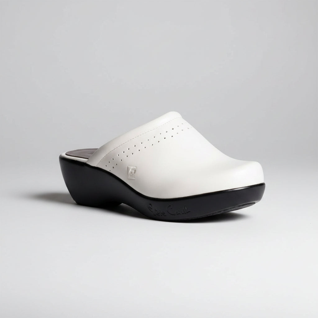 White women's Pierre Cardin Bolbel 1 clogs with a sleek design, featuring a closed toe and comfortable slip-on style.