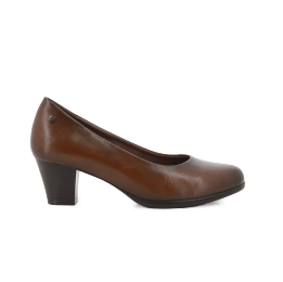 Brown Pierre Cardin women's mid-heel court shoe, formal footwear with a sleek design and pointed toe.