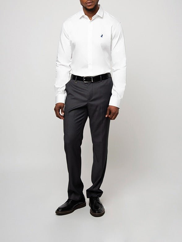 White Polo Custom Fit Greig Men's Shirt displayed on a hanger, featuring a classic collar and tailored fit for a polished look.