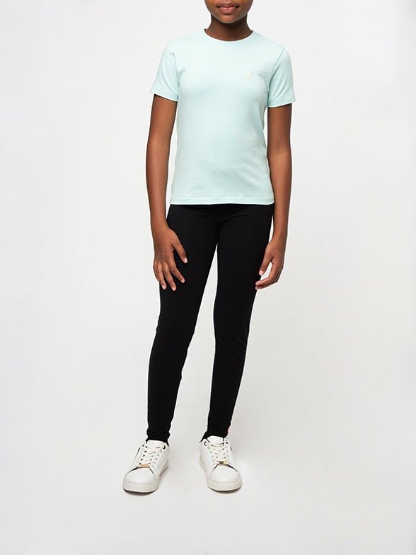 Black Polo girls' Victoria full-length leggings for kids, made of comfortable stretchy fabric, shown laid flat.