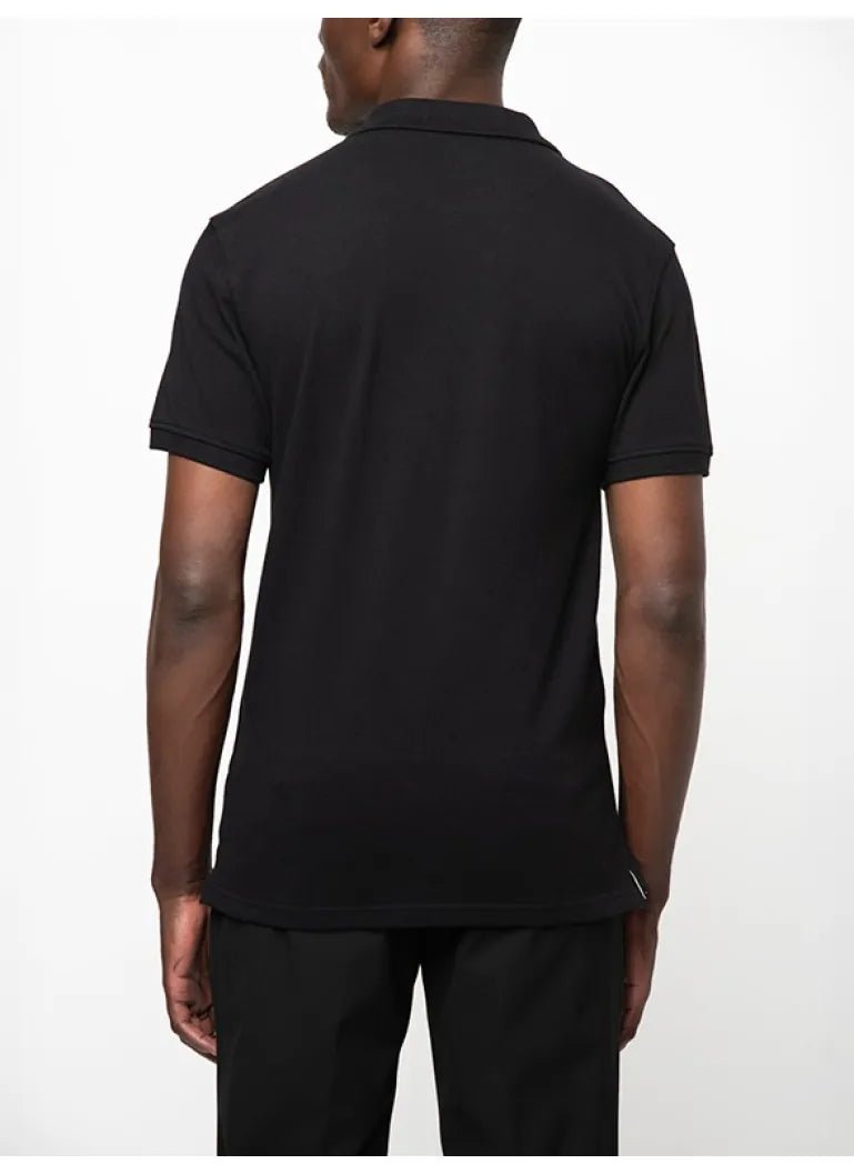 Black Polo men's stretch pique golfer shirt with a classic collar and short sleeves, tailored fit, perfect for casual or golf wear.
