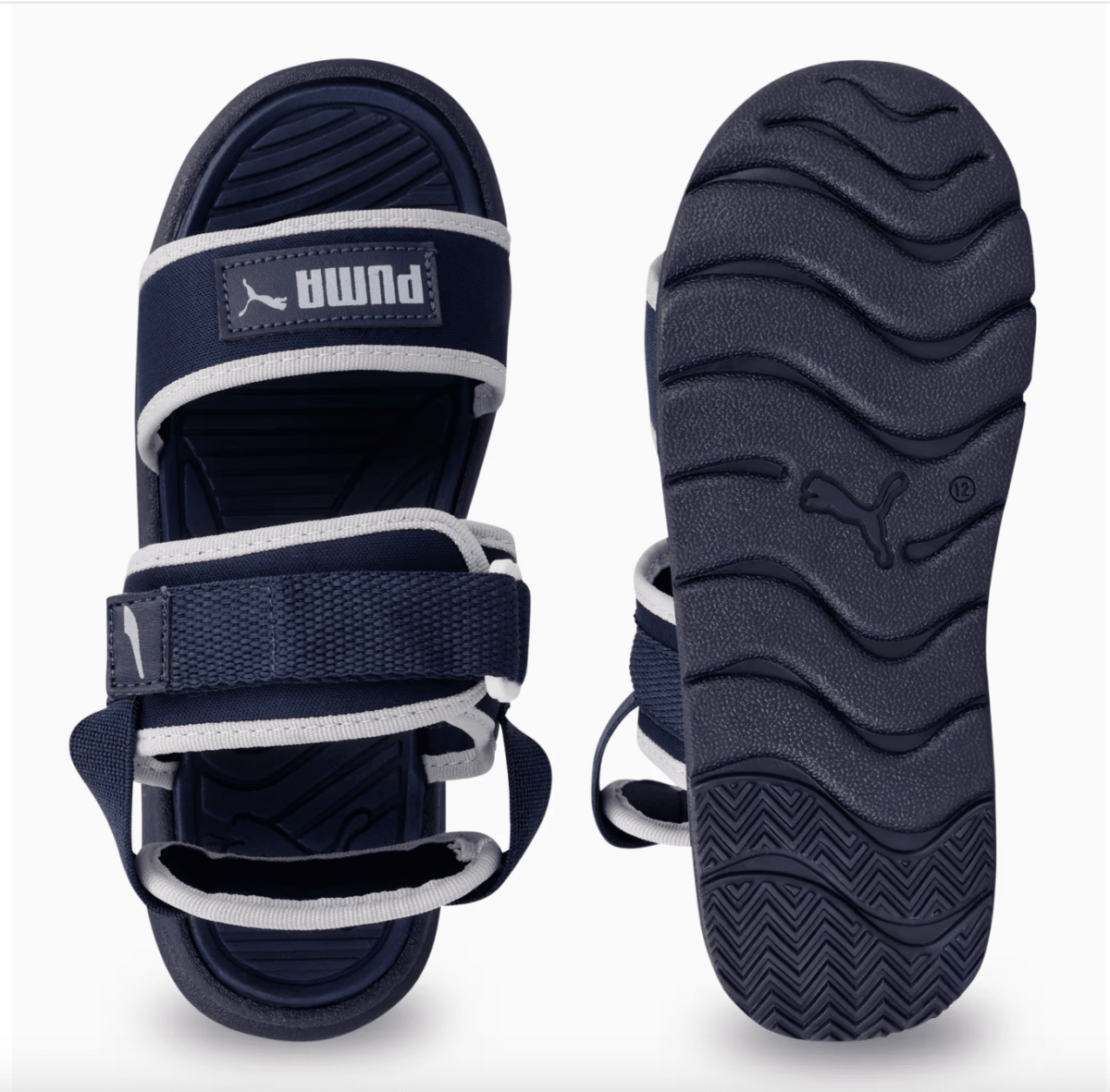 Puma Infants Crony Soft 2.0 kids sandals in navy with white accents, soft straps, and cushioned sole for comfort.