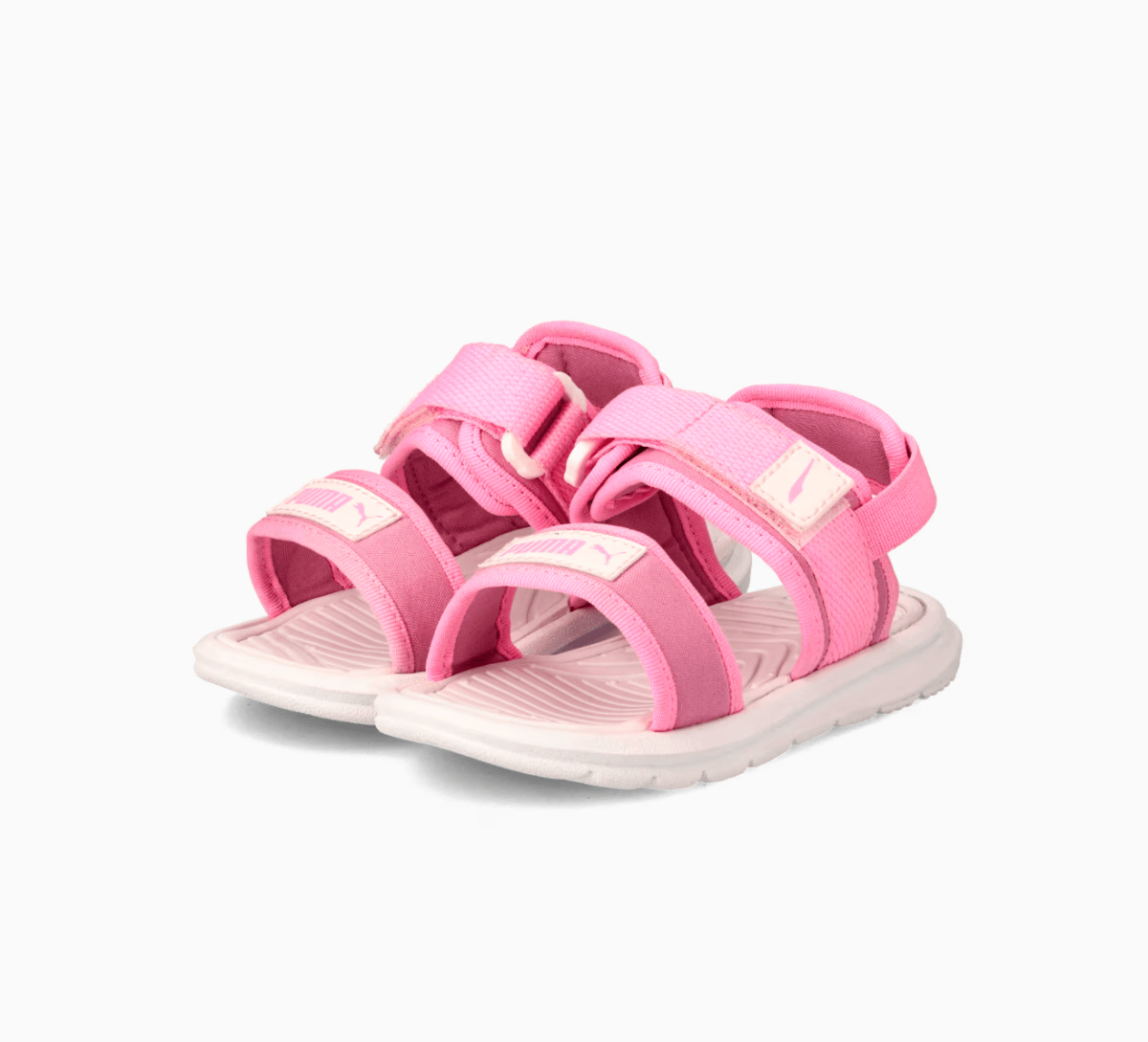 Puma Infants Crony Soft 2.0 Kids Sandals in black and white with adjustable straps and cushioned sole.
