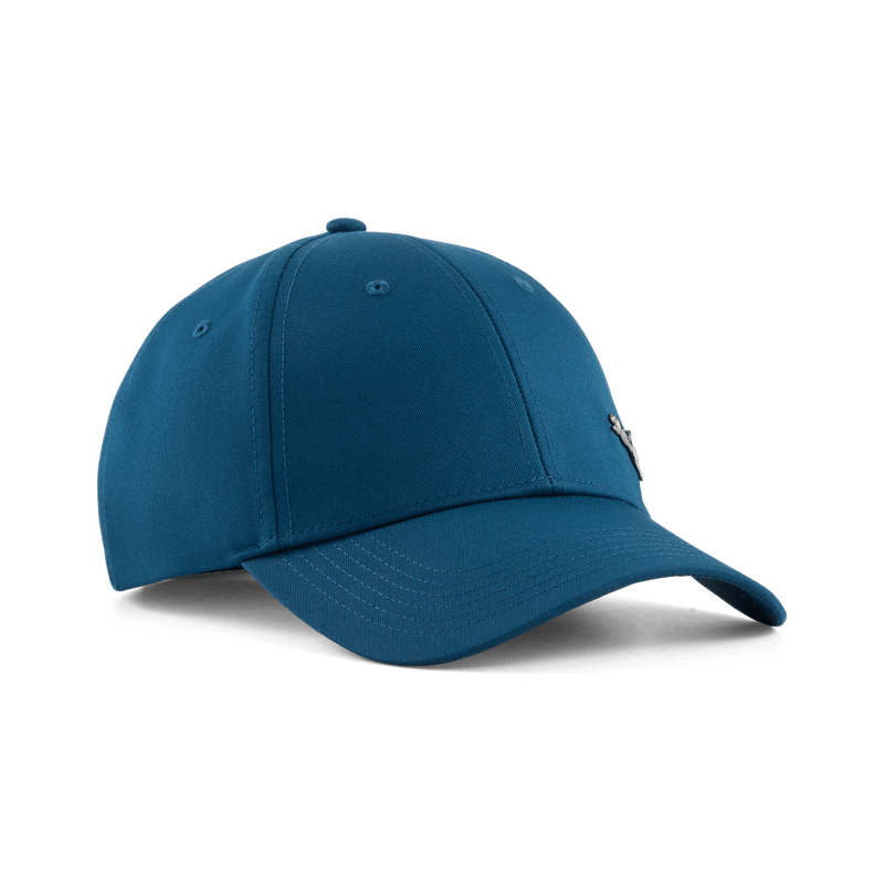 Puma ESS Metal Cat BB Cap in Midnight Petro, unisex headwear with metal logo detail, black adjustable baseball cap.