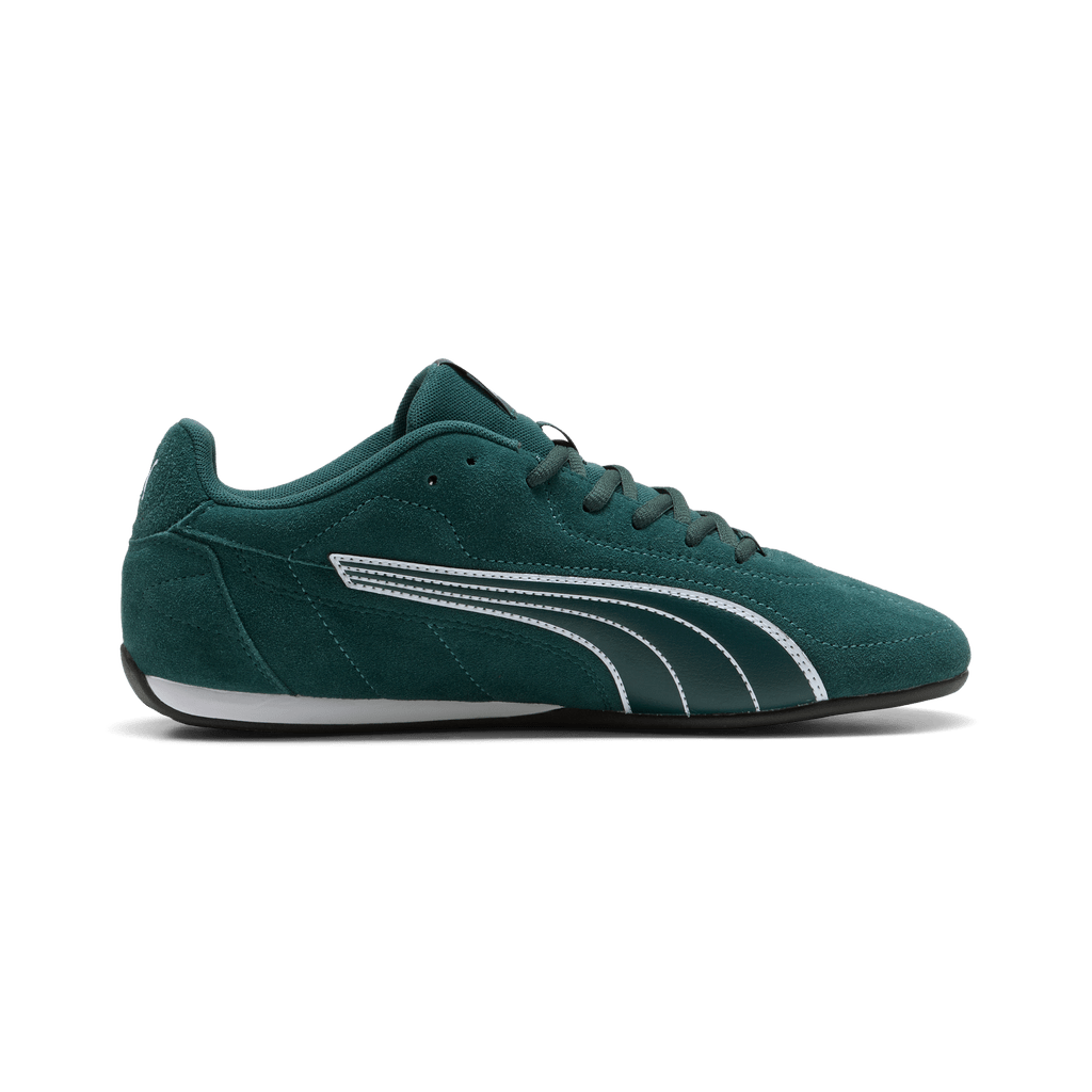 Puma men's Catch Suede sneakers in green, white, and black with suede and mesh details, casual athletic footwear.