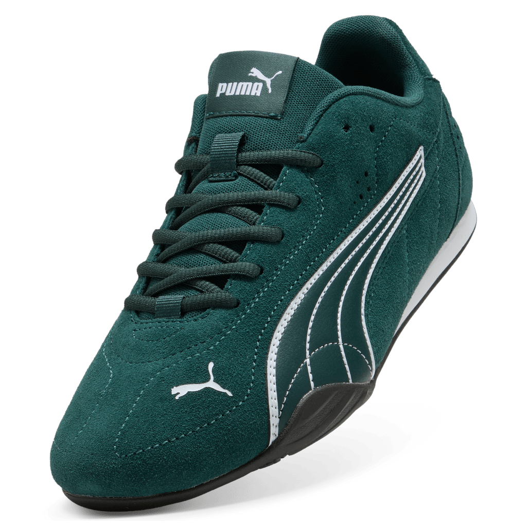 Puma men's Catch Suede sneakers in green, white, and black with suede and mesh details, athletic casual footwear.