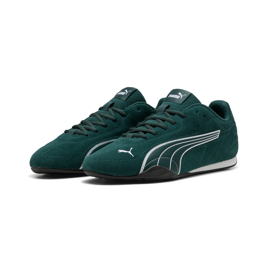 Puma men's Catch Suede sneakers in green, white, and black with suede upper and sporty design.