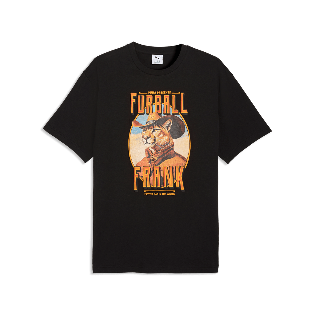 Puma men's graphic cowboy T-shirt in black with cowboy and western-themed design, short-sleeve crew neck, casual style.