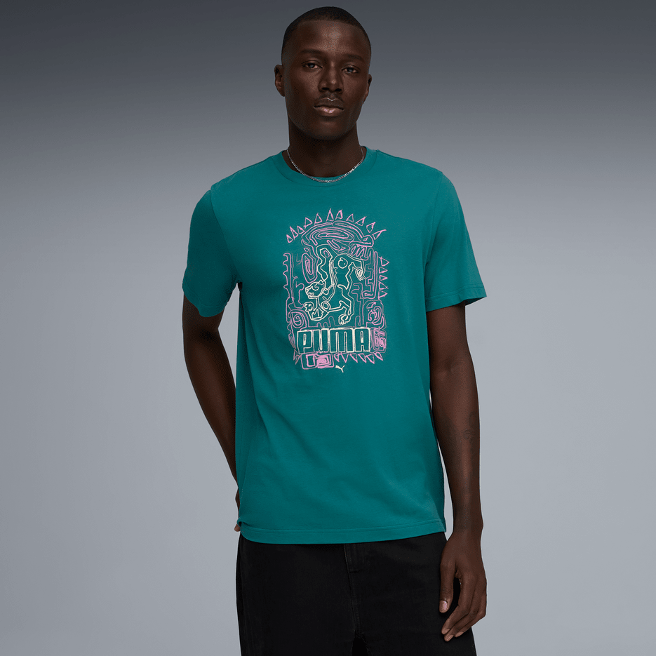 Puma men's graphic hand-drawn T-shirt in black with artistic print, casual fit, short sleeves, and crew neckline.
