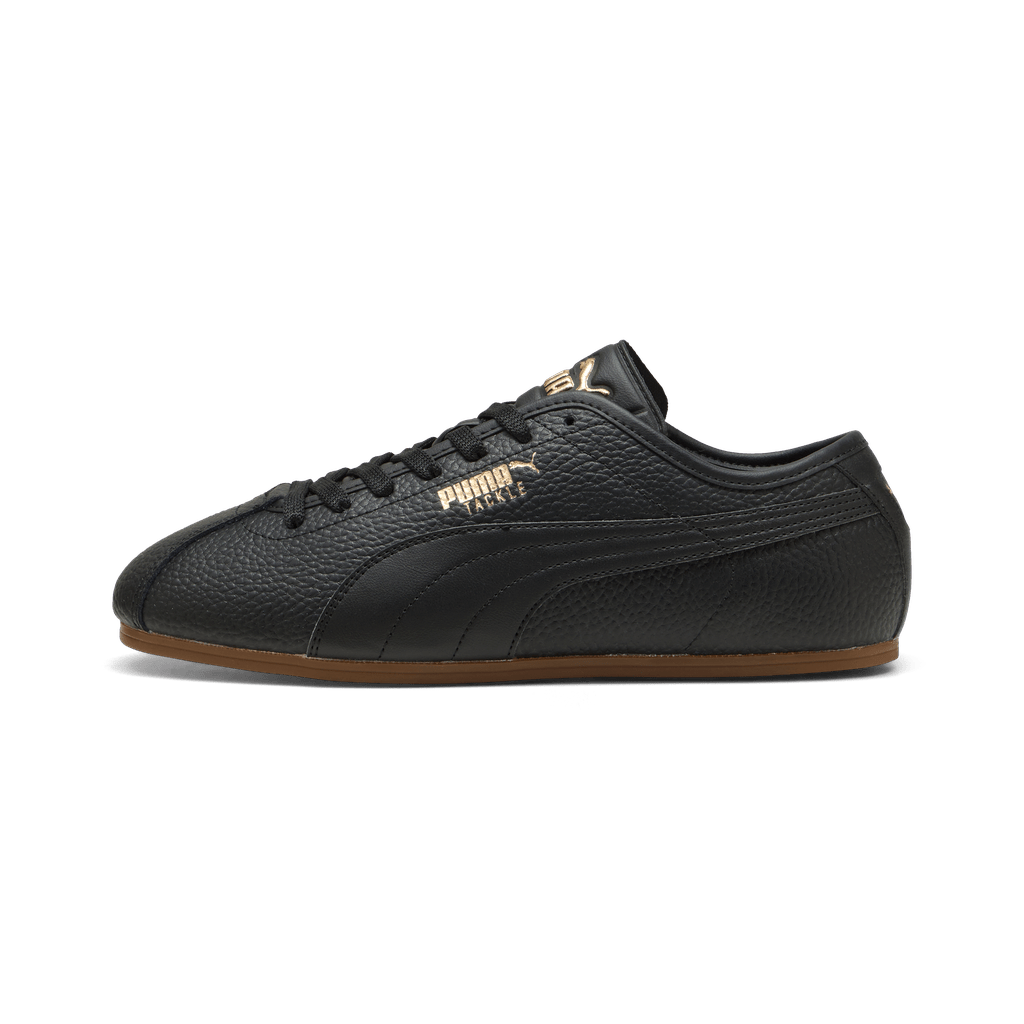 Puma men's Tackle L sneakers in black, gold, and gum colorway, featuring sleek design and athletic style.