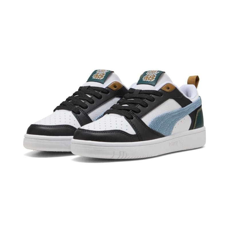 Puma Rebound V6 Lo Run Fun kids sneakers in black with white accents, featuring sporty design and cushioned sole.