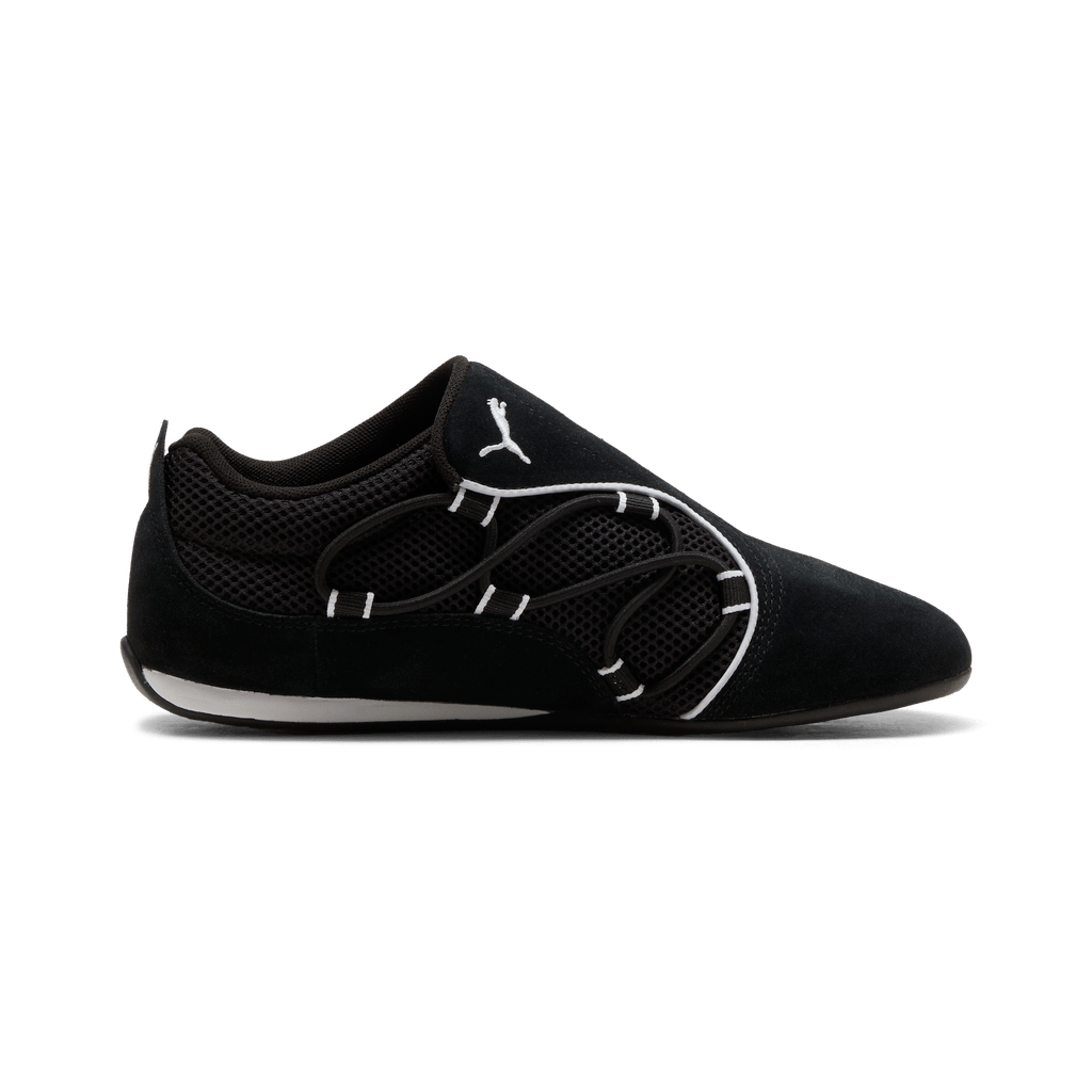 Puma women's Catch Soleil slip-on sneakers in black and white, featuring a sleek design and comfortable fit.