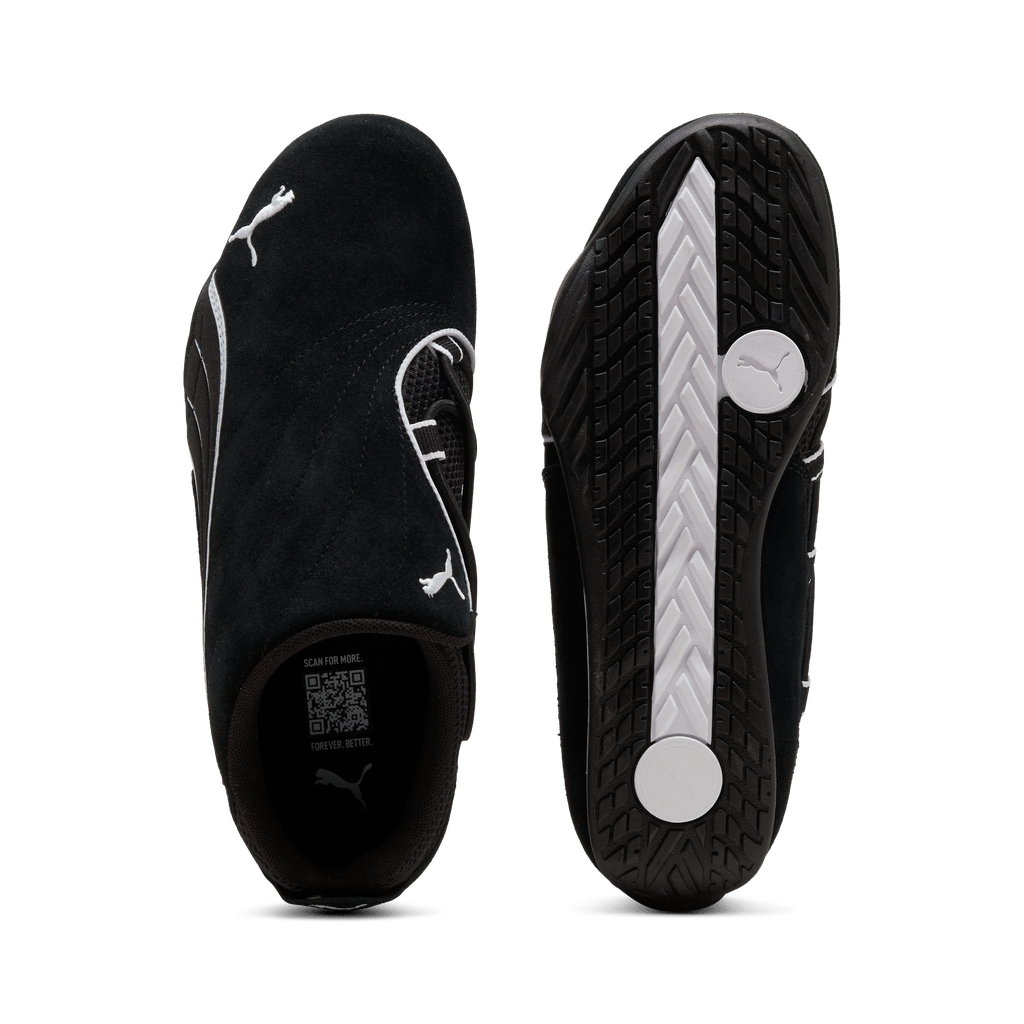 Puma women's Catch Soleil slip-on sneakers in black and white, casual athletic shoes with comfortable slip-on design.
