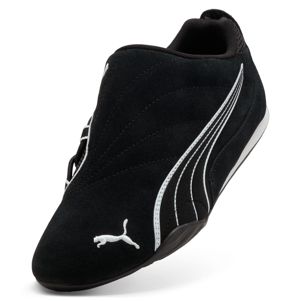 Puma women's Catch Soleil slip-on sneakers in black and white with a sleek, casual design and comfortable fit.