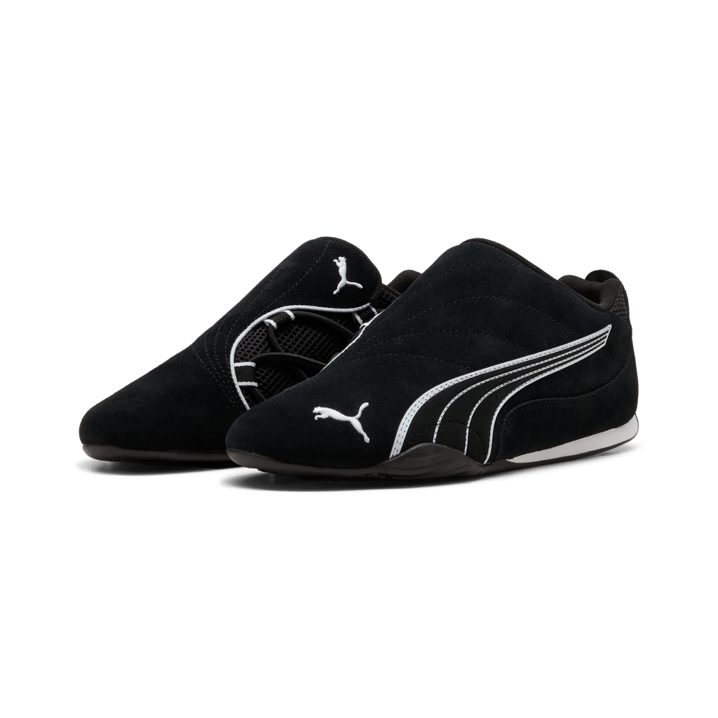 Puma women's Catch Soleil slip-on sneakers in black and white, featuring a sleek casual design for comfortable everyday wear.