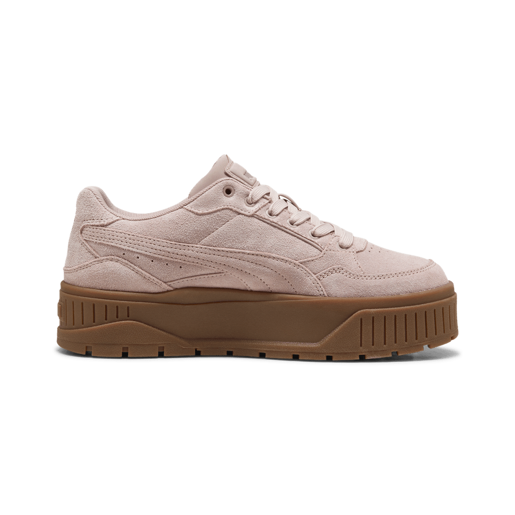 Puma women's Karmen Idol II suede sneakers in Rose Latte with white midsole and pink accents, stylish casual footwear.