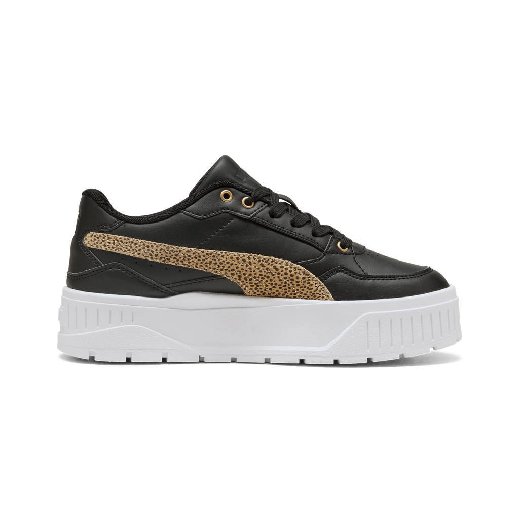 Puma Womens Karmen II Idol Topcat sneakers in black and white with sleek design and Puma logo on the side.