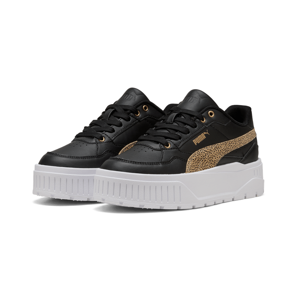 Puma Women's Karmen II Idol Topcat sneakers in black and white with sleek design, Puma logo, and comfortable athletic style.