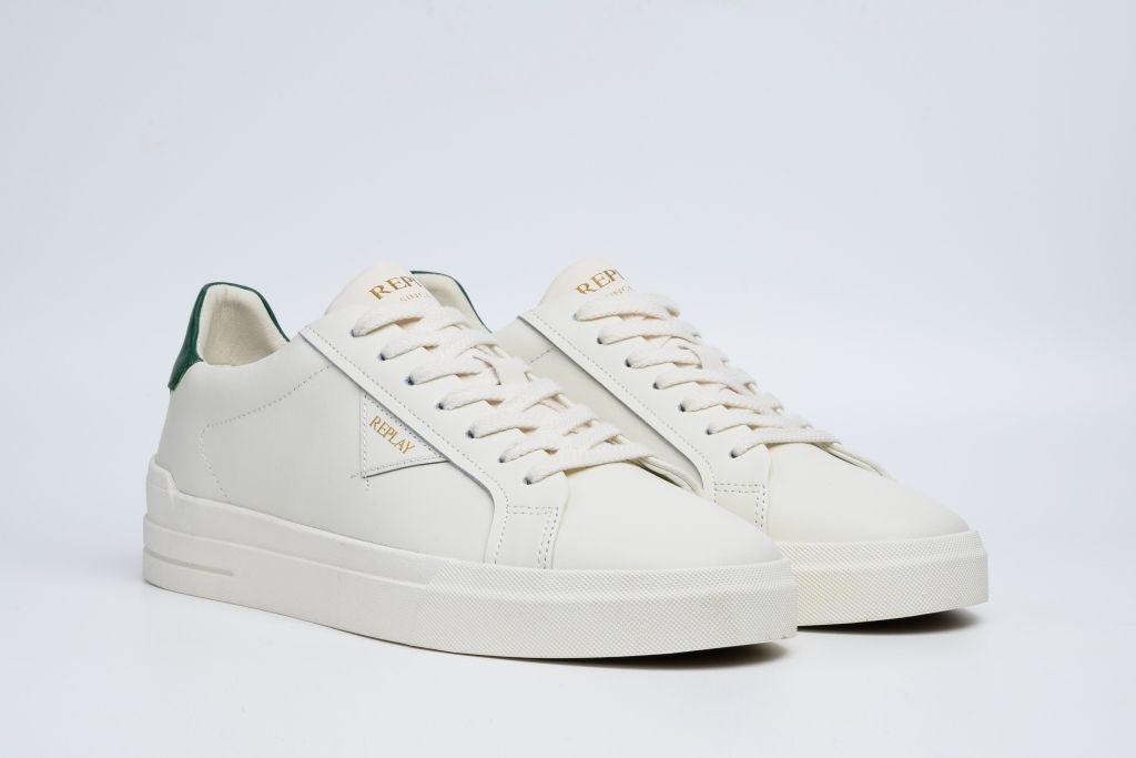 Replay Evan Class men's sneakers in off-white and green with stylish design and lace-up closure, displayed on a plain background.