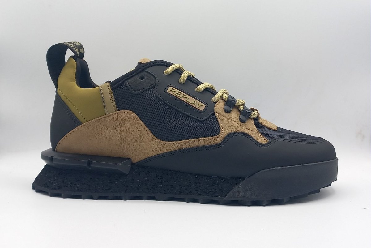 Replay Field Speed 25 SA men's sneakers in black and khaki with sporty design and durable sole.