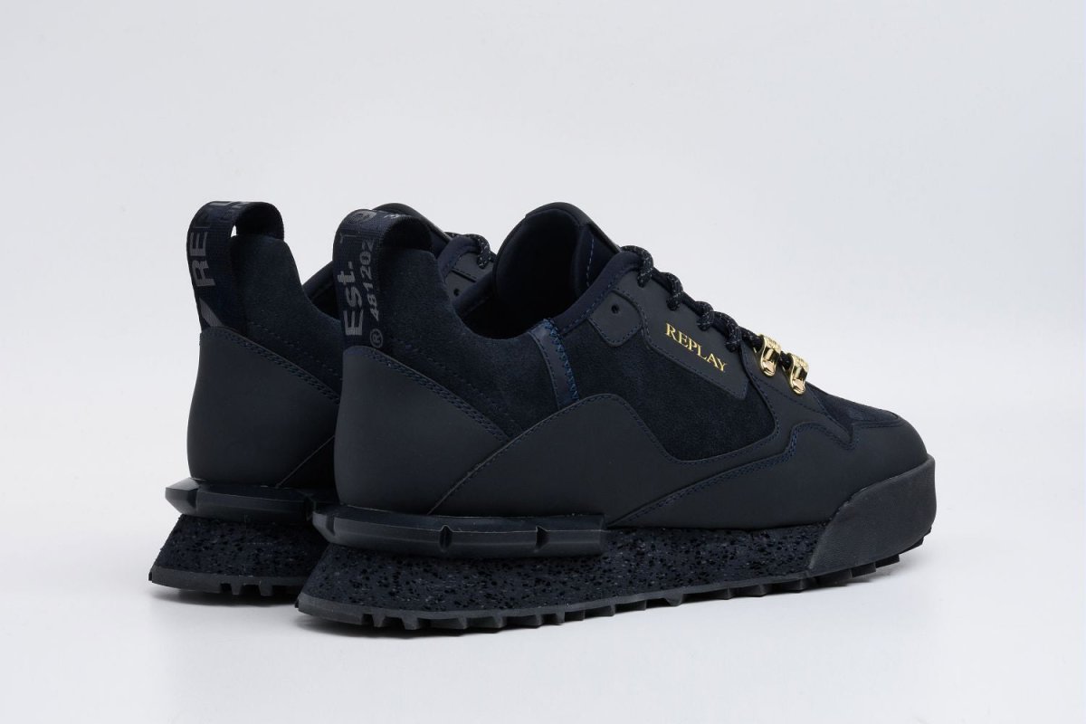 Replay Field Speed Suede men's sneakers in navy with white sole, featuring a sleek athletic design and suede upper.