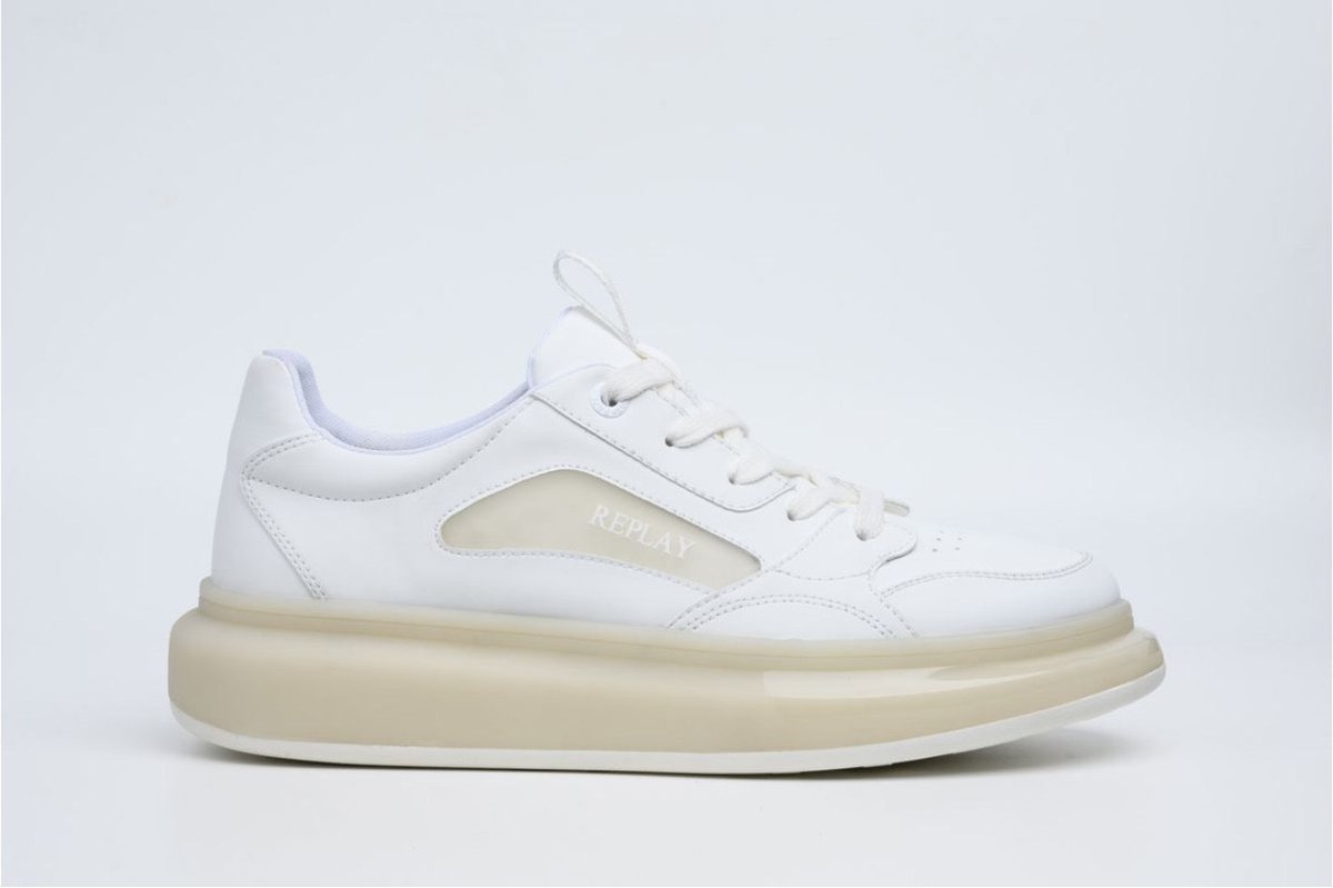 Replay Glax Clear White men's sneakers with transparent details and white rubber soles, stylish casual footwear by Replay.