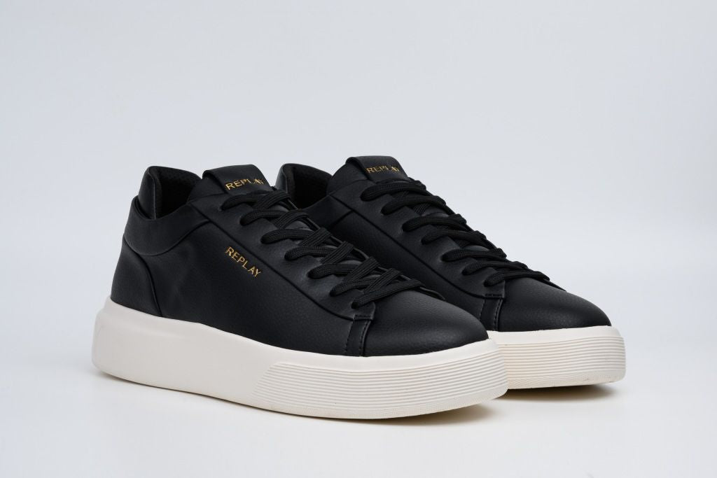 Replay Notting Double Black men's sneakers with black leather and fabric upper, stylish lace-up design, and durable rubber sole.