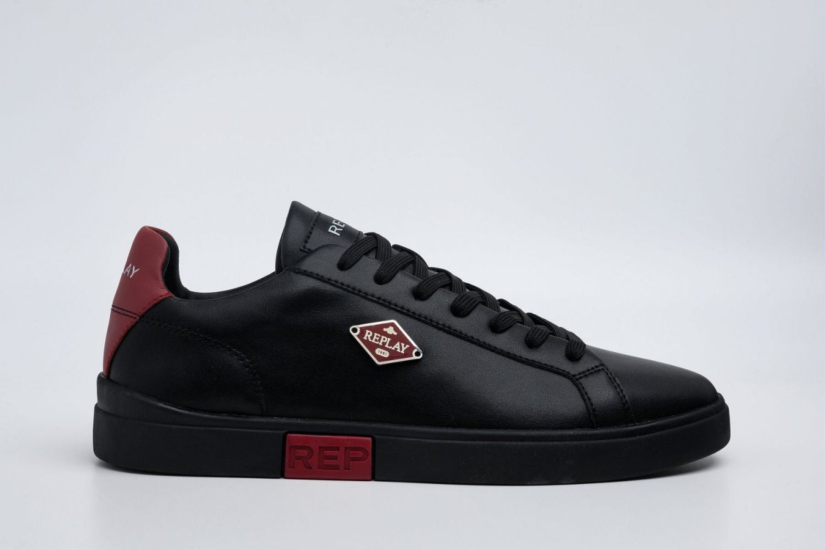 Replay Polys M Rhombus SA men's sneakers in black and maroon with a geometric rhombus design, stylish and comfortable footwear