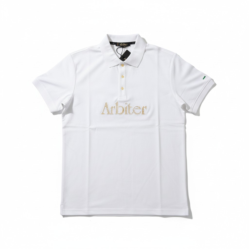 Arbiter Vito men's white golf shirt with a classic collar and short sleeves, featuring subtle brand logo detail.