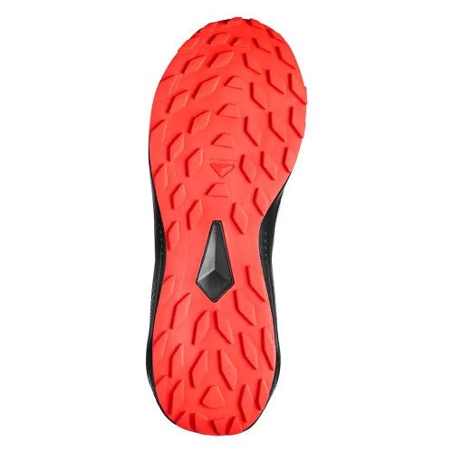 Salomon Alphaglide men's sneakers in black and fiery red with breathable mesh and supportive sole, designed for outdoor activities.