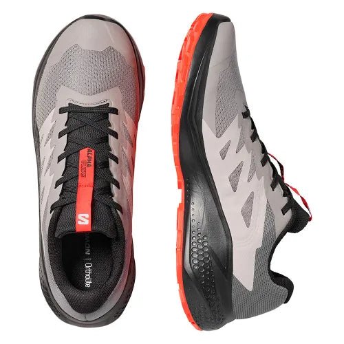 Men's Salomon Alphaglide Cloudburst sneakers in black with fiery red accents, showcasing the sleek design and sporty style.