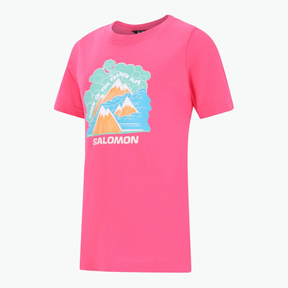 Kids Salomon Free Tee in Fandango Pink, a lightweight pink T-shirt with the Salomon logo, designed for active wear.