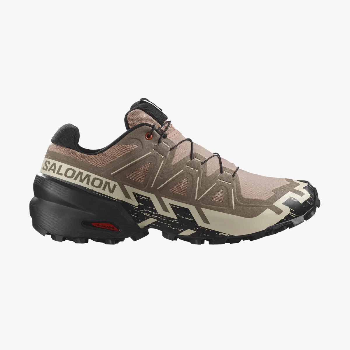 Salomon men's Speedcross 6 sneakers in natural, black, and almond milk colors, featuring trail running design and rugged outsole.