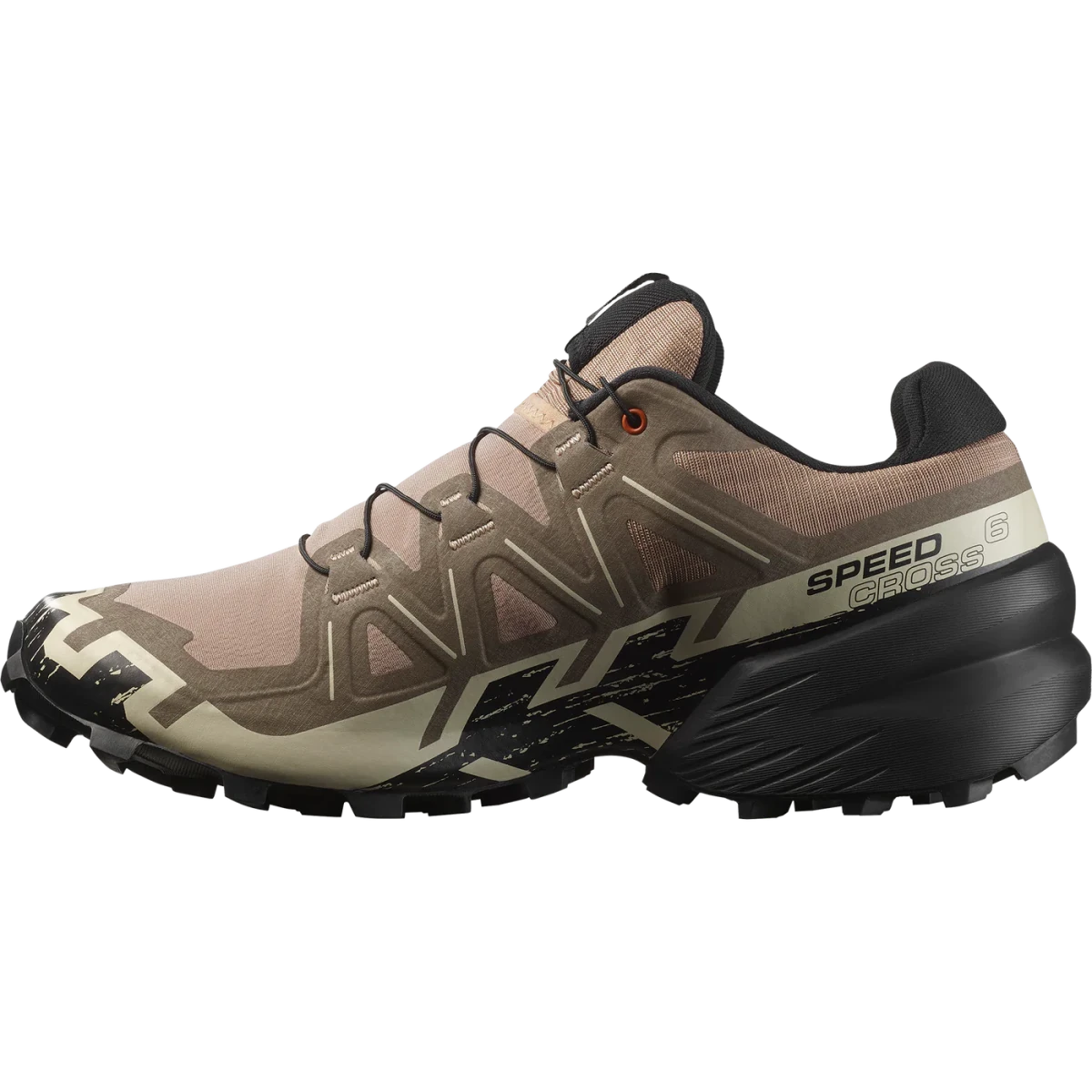 Men's Salomon Speedcross 6 sneakers in natural, black, and almond milk colors with rugged trail running design.
