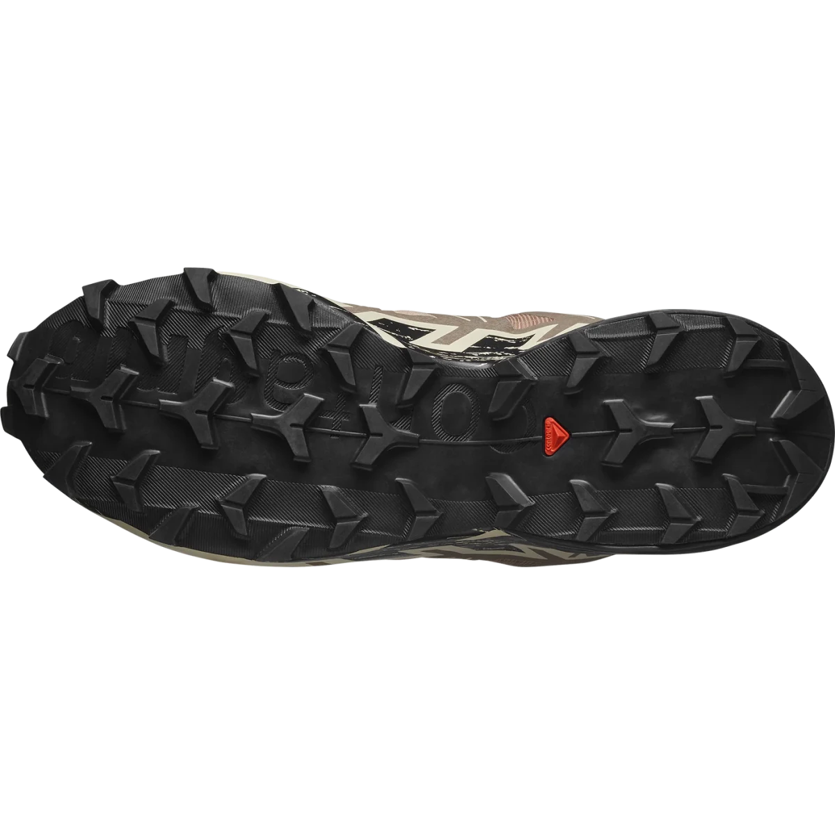 Men's Salomon Speedcross 6 sneakers in natural, black, and almond milk colors, featuring a rugged trail running design.