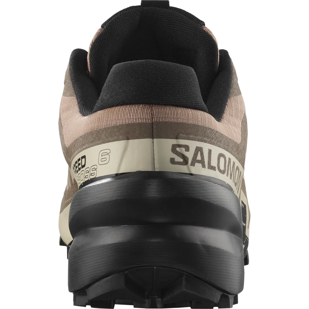 Men's Salomon Speedcross 6 sneakers in natural, black, and almond milk colors, featuring rugged design and trail-ready outsole.
