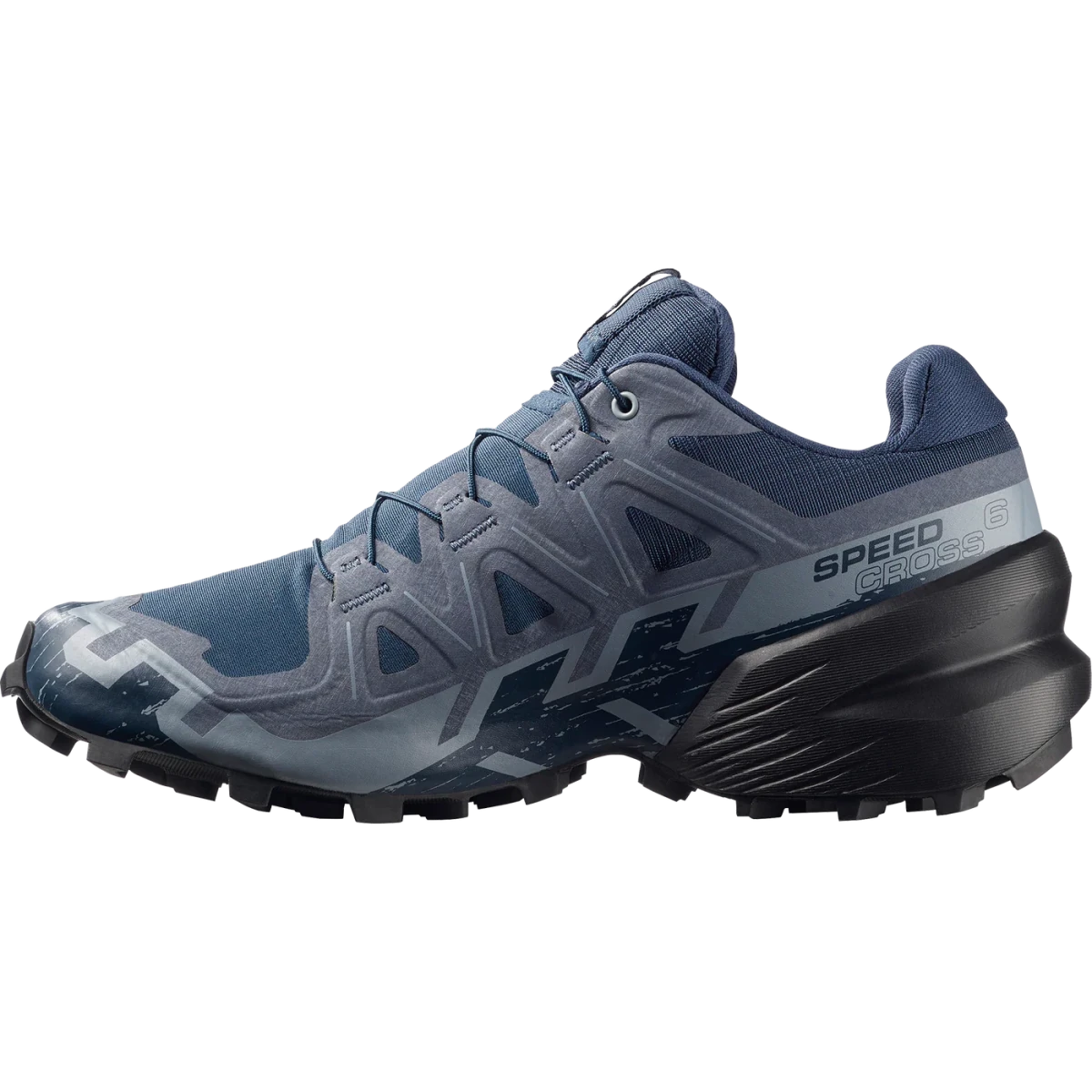 Women's Salomon Speedcross 6 sneakers in Spellbound, black, and Tradewinds colorway showing the trail running shoe with textured grip outsole.