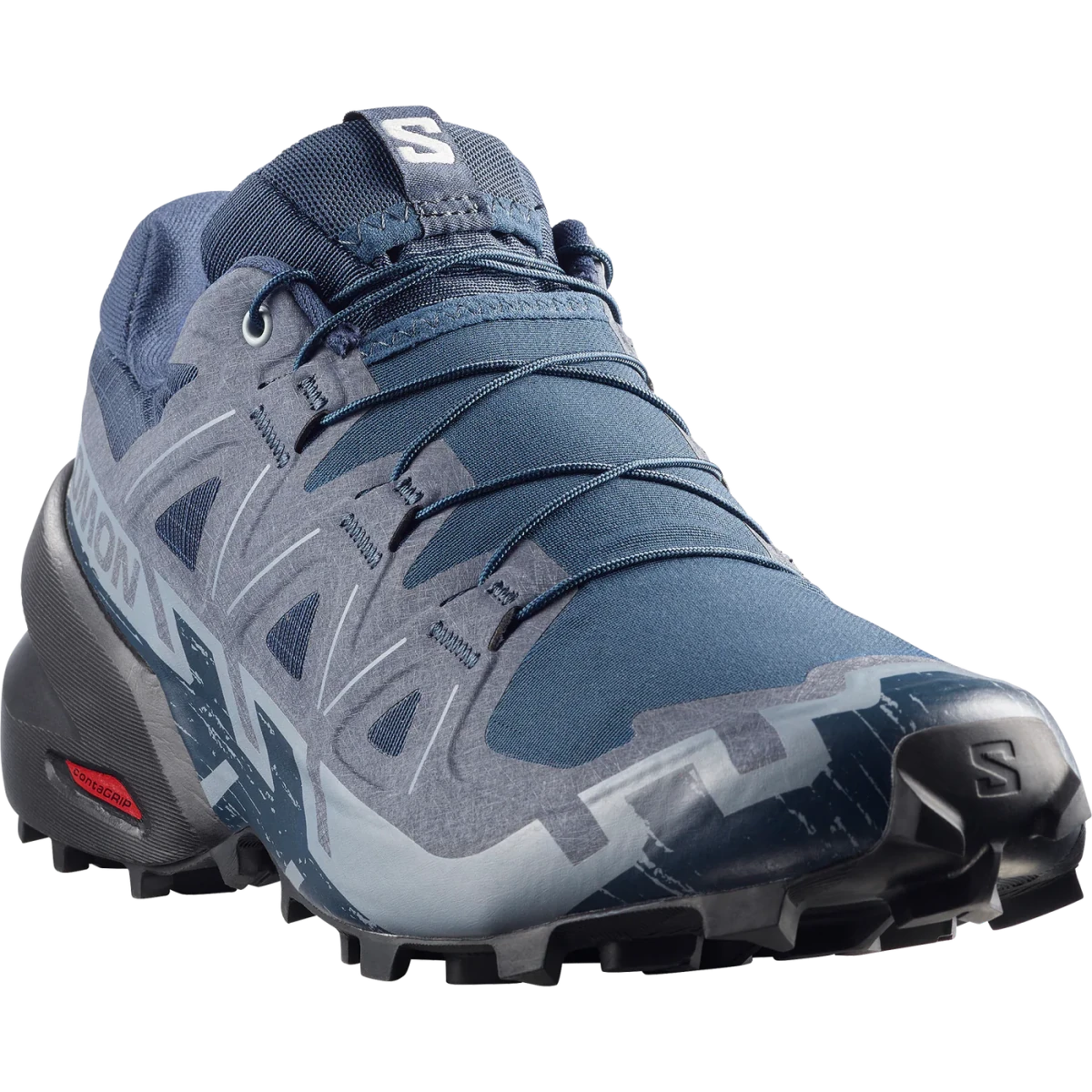 Women's Salomon Speedcross 6 sneakers in Spellbound, Black, and Tradewinds with rugged trail running design and cushioning.