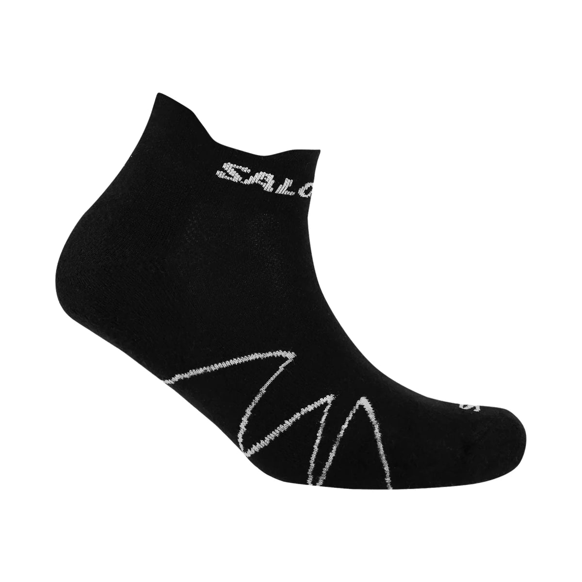 Men's Salomon XA Sonic sock in deep black and white with breathable fabric and reinforced heel for outdoor running comfort.