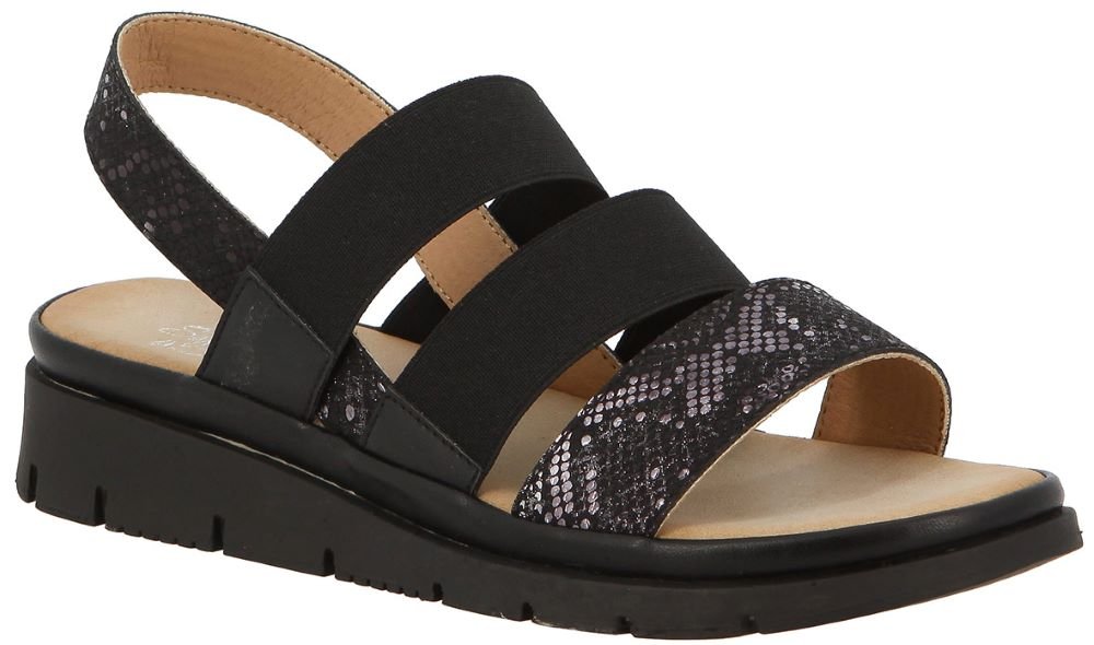 Black Soft Style Tejana women's sandals with open toe and strap details, stylish and comfortable footwear.
