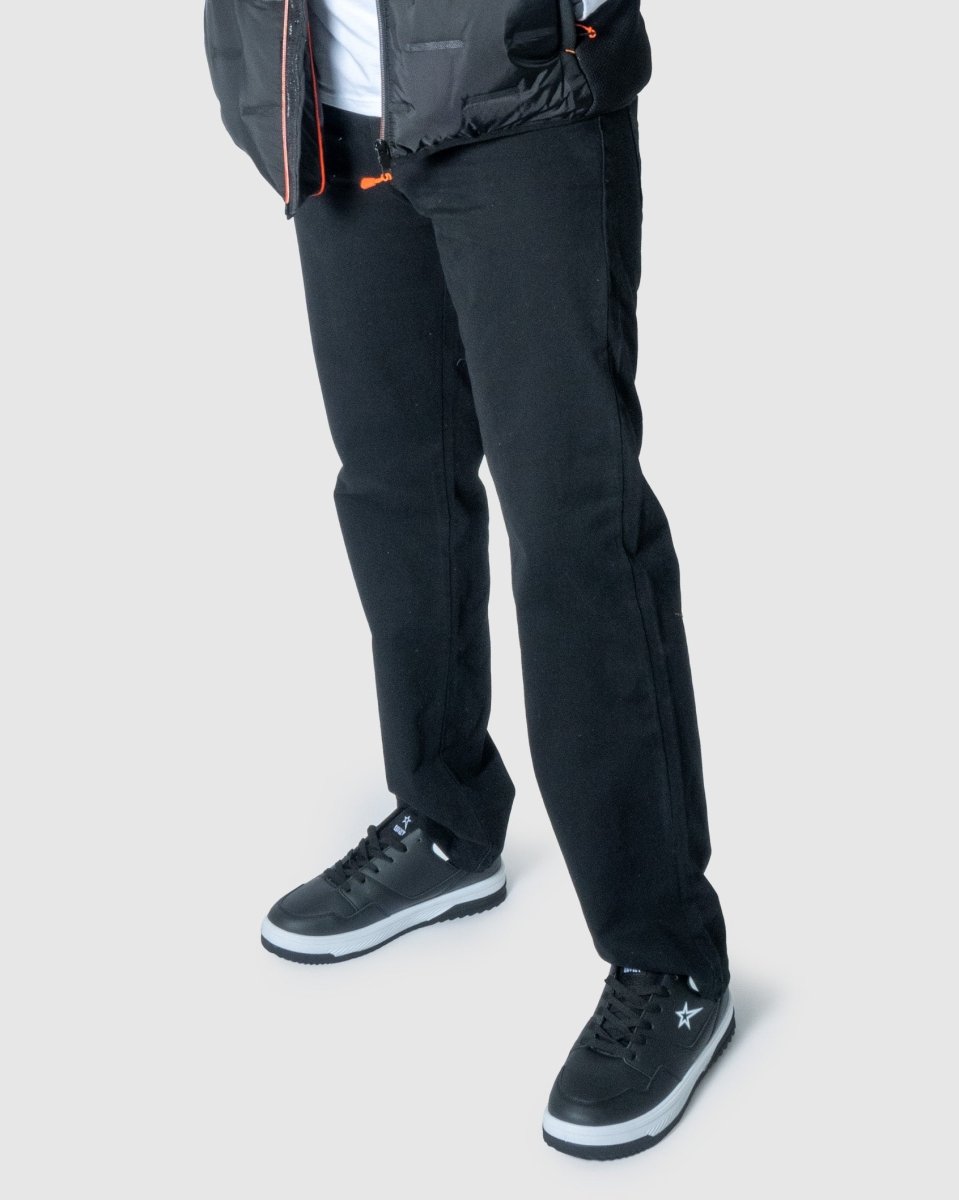 Soviet Voyager 2 No5 black men's jeans with classic fit and durable denim fabric, displayed on a hanger.
