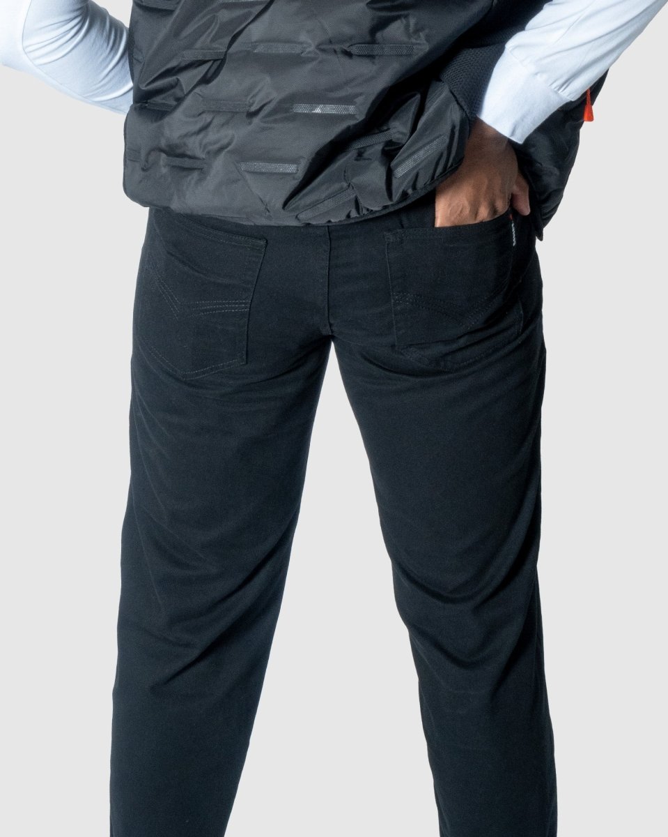 Soviet Voyager 2 No5 black men's jeans with classic fit and modern style, shown on a hanger against a plain background.