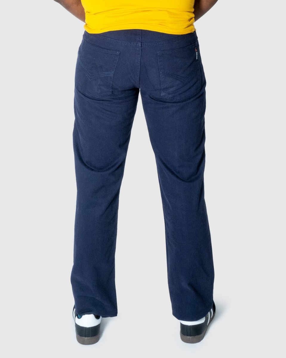 Soviet Voyager 2 No5 Navy men's jeans with classic fit, denim fabric, and sturdy stitching, showcasing front and back views.