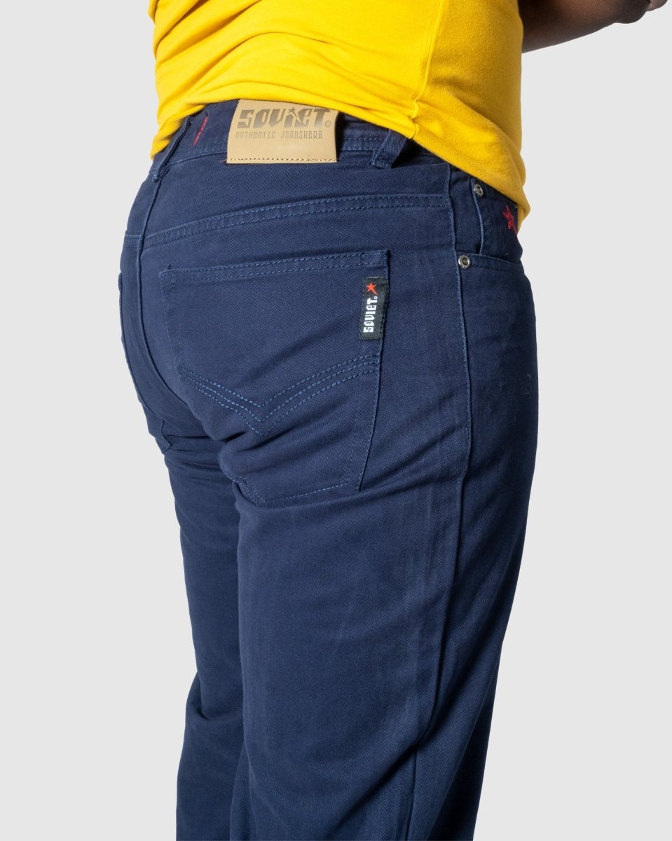 Soviet Voyager 2 No5 Navy men's jeans in dark denim with classic five-pocket design and branded details.