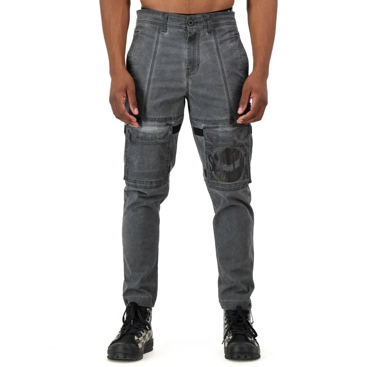 Black SPCC Alden cargo jeans for men, featuring a relaxed fit with multiple pockets and durable denim fabric.